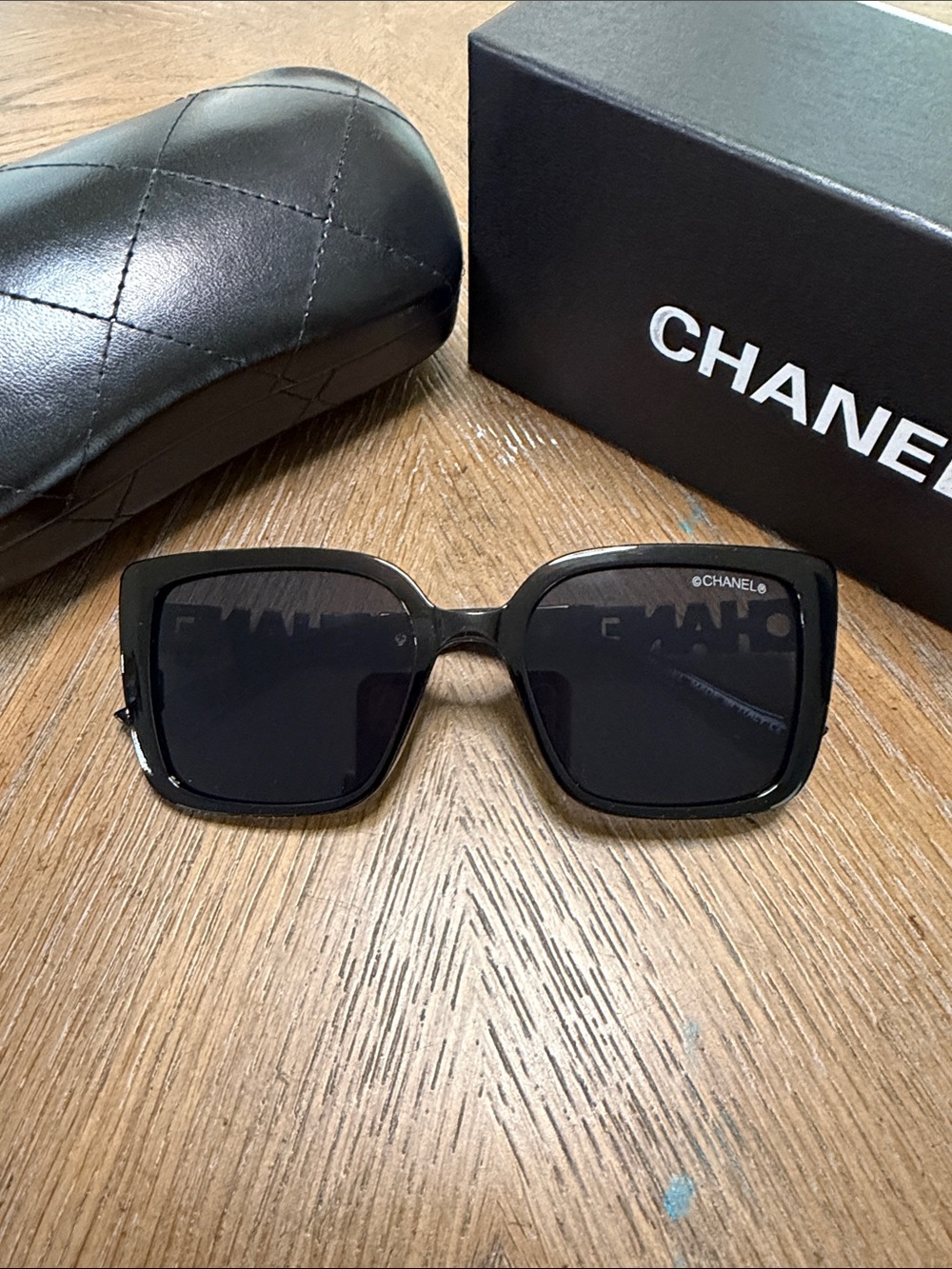CHANEL Oversized Black Square Sunglasses with Dark Lenses